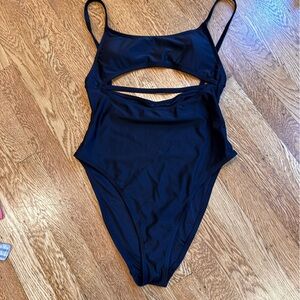 Women's Black Cutout One-Piece Swimsuit High cut pole dance Leotard Sz medium